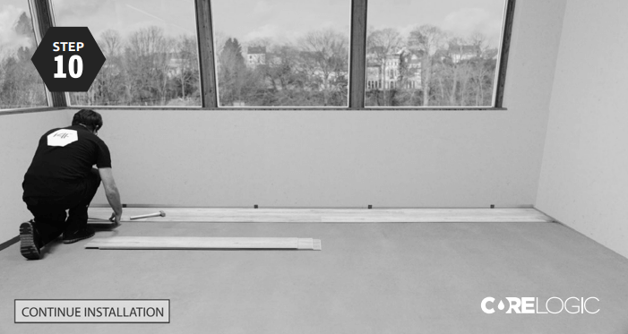 Finalize installation From row 3 onwards, installation does not require a specific laying pattern. To finish the last row, measure the distance from the wall to the last installed row minus 5mm/0.2 inches. Remove spacers when installation is complete. Finish up the room by placing any plinths, molding and trim.