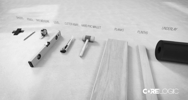 Tools needed: spacers, pencil, tape measure, level, cutter knife, hard PVC mallet. Optional: Plinths. Underlay: To be placed before installation if not pre-attached to flooring panels.