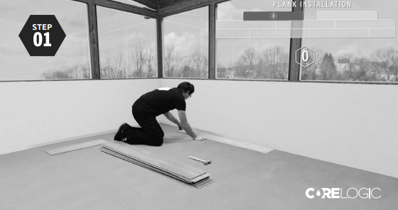 Align installation It is very important that the first 2 rows are aligned. Use a full plank (0) as an alignment guide and place it against the wall. No need for spacers yet.