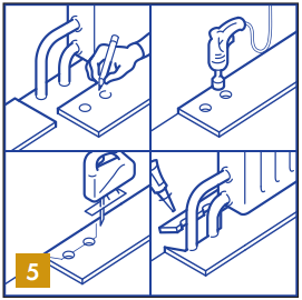 In case of a double pipe, drill a hole at each of the marked points that is equivalent to the diameter of the pipes plus 10 mm. If located on the long side of the plank, make a 45 degree cut from each hole to the edge of the plank.