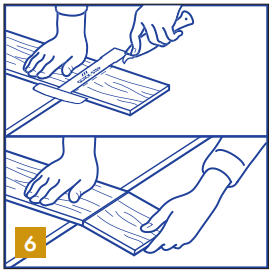 CORELOGIC SPC can easily be cut using a cutter or utility knife with the decor side face up. When cutting the SPC plank, mark the line and use the knife to make a firm cut in the surface. Then break off the plank using both hands.