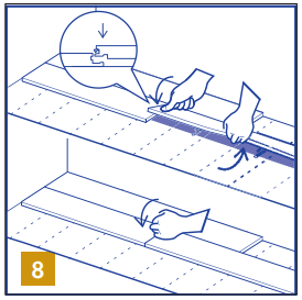 Then slide the third plank together horizontally. Slightly lift the plank to be installed by holding your hand underneath. Push the short side joint down gently with your thumb moving from the inner corner towards the outside until you hear a “click”. Ensure the short side ends are closed by knocking gently on the short side click connection with your wrist. Don’t use a hammer or tapping block as it may possible harm your click connection.