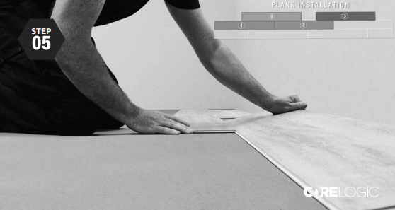 Align installation Use a full plank (3) as an alignment guide by placing it against the wall. Angle plank 3 into plank 2.